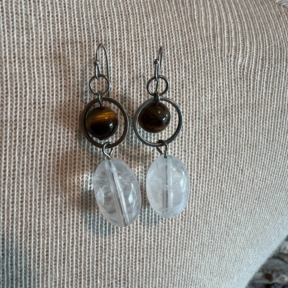 Tiger eye and milky glass bead fish hook earrings